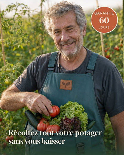 Tablier de récolte Cueillo porté par un jardinier senior souriant, poche ventrale pleine de légumes, garantie 60 jours
