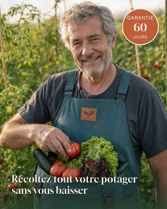 Tablier de récolte Cueillo porté par un jardinier senior souriant, poche ventrale pleine de légumes, garantie 60 jours