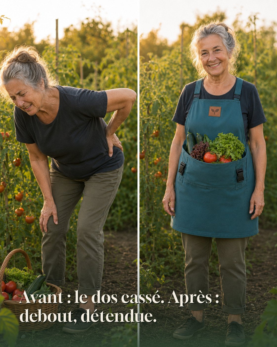 Avant après : jardinière pliée en deux avec panier au sol, puis debout détendue avec le tablier de récolte Cueillo