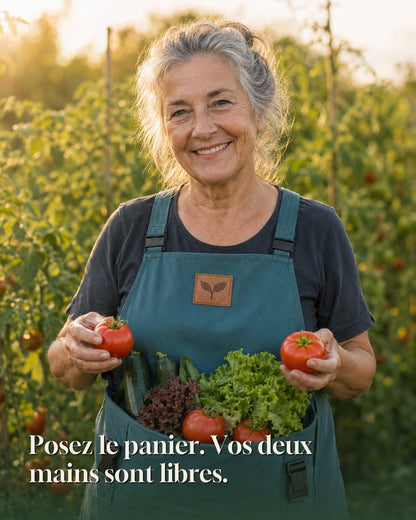 Jardinière cueillant à deux mains, les mains libres grâce au tablier de récolte Cueillo