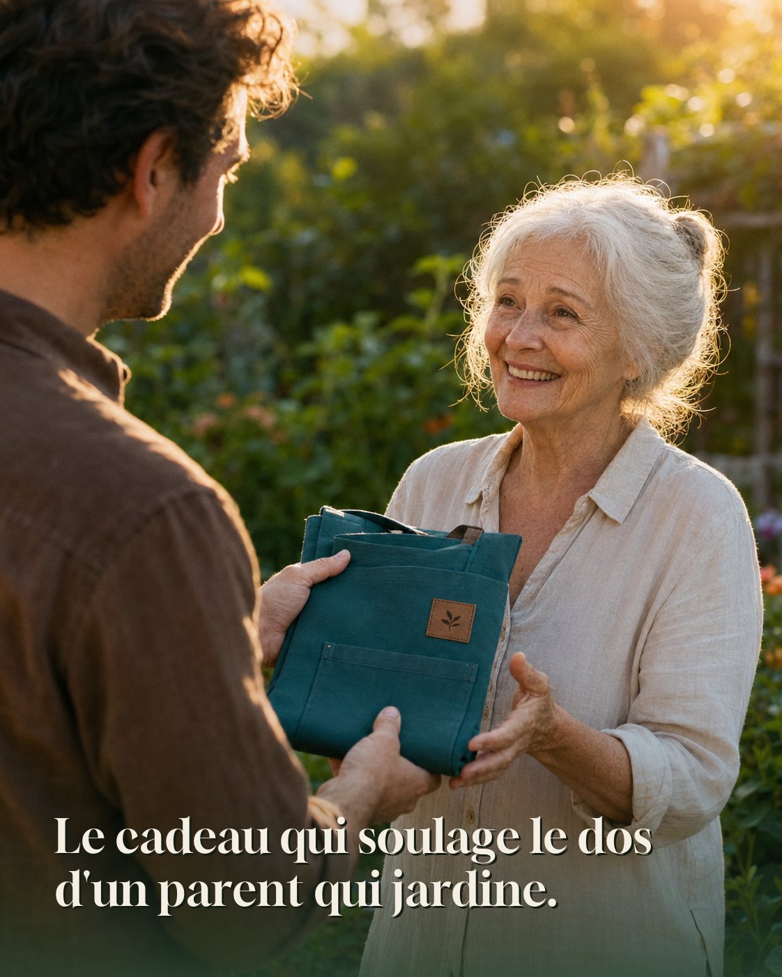 Un fils offre le tablier de récolte Cueillo à sa mère qui jardine, cadeau qui soulage le dos