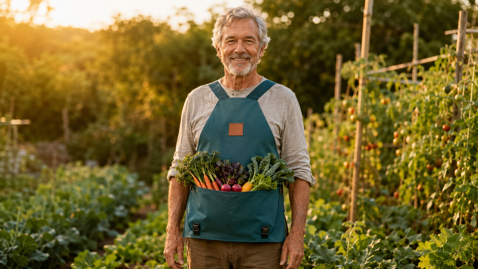 Jardinier senior souriant en golden hour portant le tablier de récolte Cueillo teal, grande poche pleine de légumes
